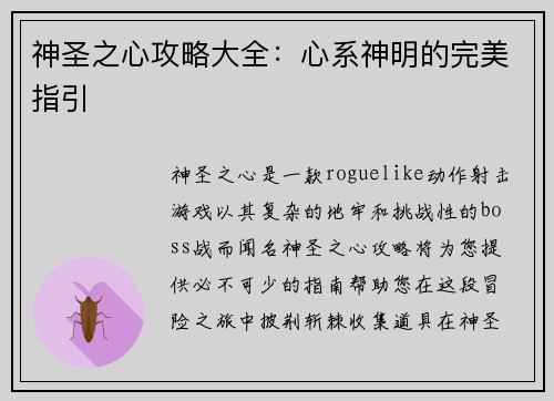 神圣之心攻略大全：心系神明的完美指引